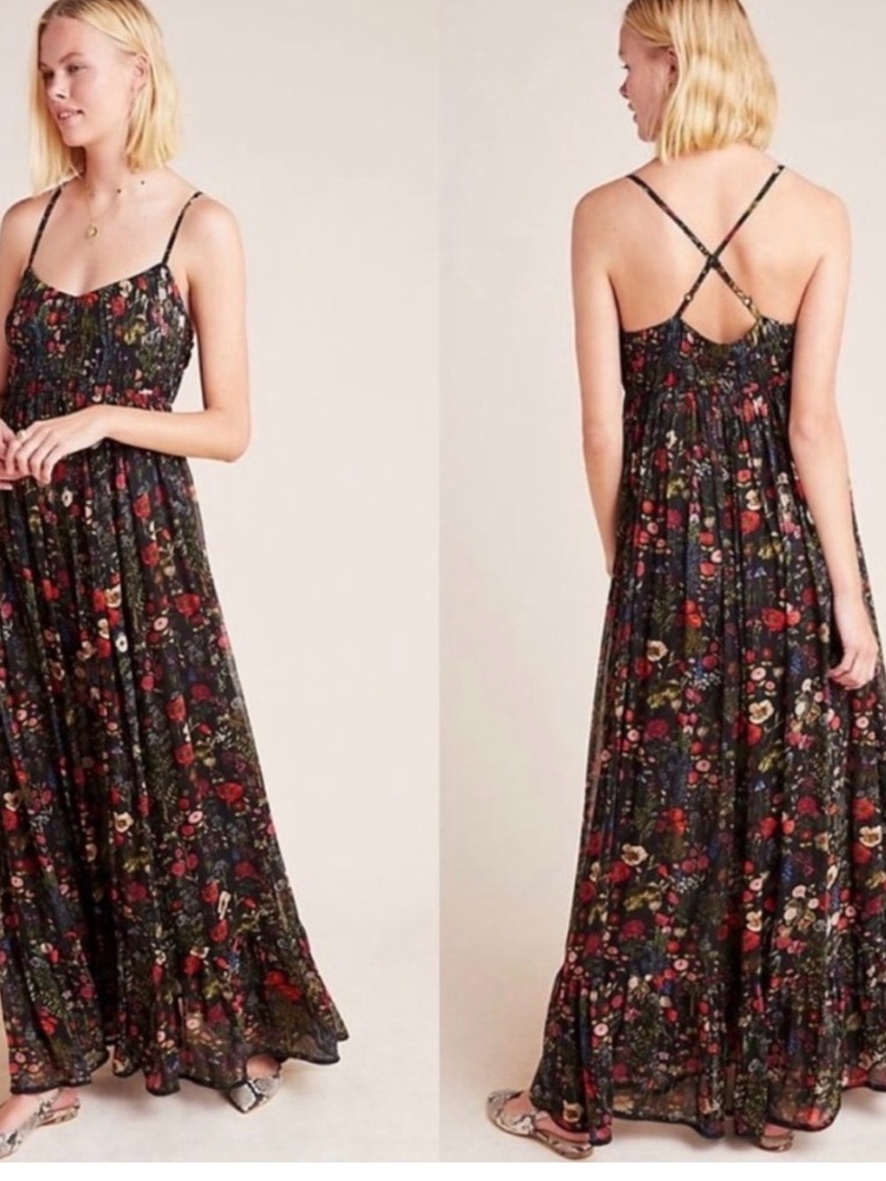 Black Floral Maxi Dress with Crisscross Spaghetti Straps